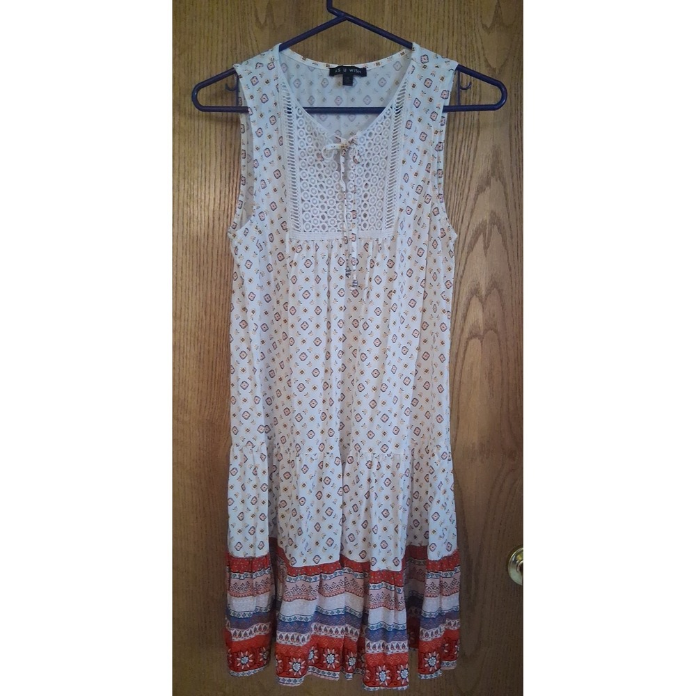 As U Wish Women's Medium Sleeveless Crochet Yoke Tiered Boho Short Dress